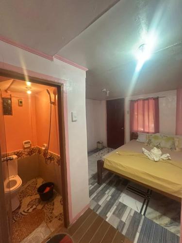 ein Zimmer mit Bett und Badezimmer mit Toilette in der Unterkunft Moonlight's Inn in General Luna
