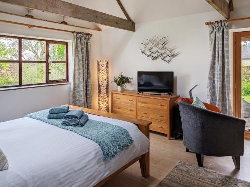 a bedroom with a bed and a tv and a chair at Tamar Orchard Barn in Gunnislake