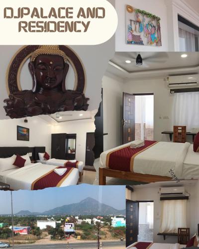 a collage of photos of a hotel room with two beds at DJ Palace and Residency in Tiruvannāmalai