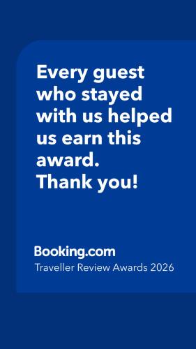 a blue picture with the words every guest who stayed with us helped us earn this at Under the Palms in Nicosia