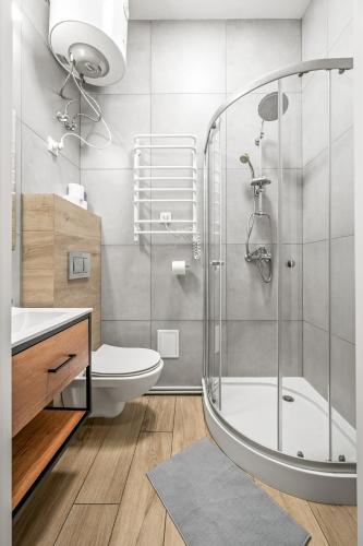 a bathroom with a shower and a toilet at Central Platinum Apartments 1 in Rybnik