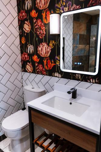 a bathroom with a sink and a toilet and a mirror at Albert Hotel in Kirkwall