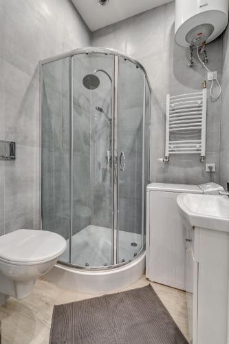 a bathroom with a shower and a toilet and a sink at Central Platinum Apartments 27 Studio z aneksem kuchennym in Rybnik