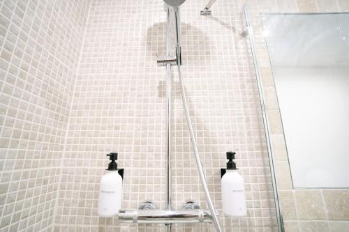 a shower with two bottles of soap in a bathroom at Charming studio with sofa, bed and terrace-AS in Carcassonne