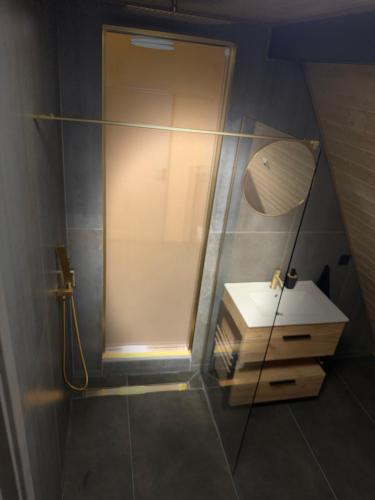 a bathroom with a shower and a sink and a mirror at ALTURA Chalet in Muntele Băişorii