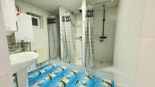 a bathroom with a shower with fish painted on the floor at Hostella in Salor Bekati