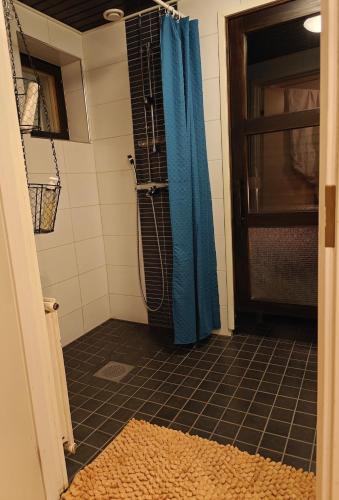 a bathroom with a shower with a blue shower curtain at Luhtitalo two-room apartment in Rovaniemi