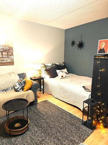 a living room with a bed and a couch at Luhtitalo two-room apartment in Rovaniemi