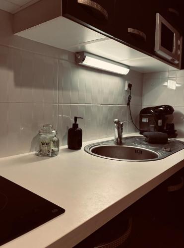 a kitchen counter top with a sink and a counter sidx sidx sidx at Ciné Room Home Cinema Netflix Experience in Lunel