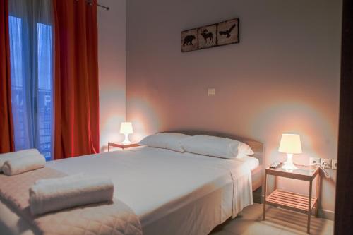 a bedroom with a bed and two tables with lamps at Lak Peristeri Homes 50m from metro station in Athens