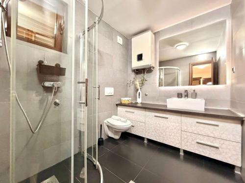 a bathroom with a shower and a toilet and a sink at Apartments Villa Stefan in Budva