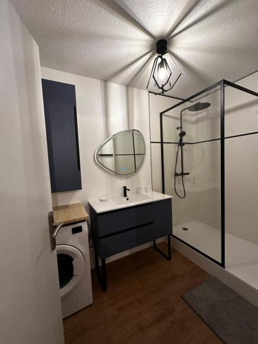 a bathroom with a sink and a toilet and a mirror at Appartement Soustons Les marronniers in Soustons
