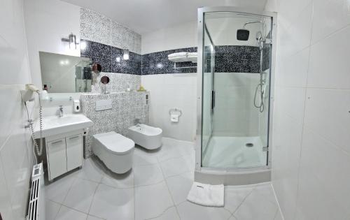 ein Badezimmer mit Dusche, Toilette und Waschbecken in der Unterkunft Cynamon in Nowy Sącz