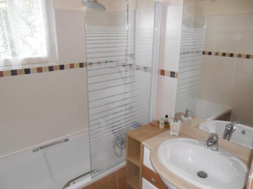 a bathroom with a sink and a shower at Vue exceptionnelle sur le lac in Lugrin