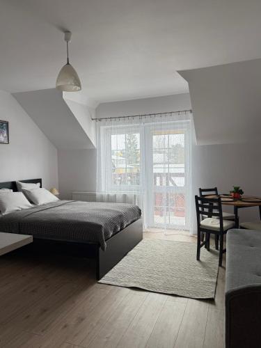 a bedroom with a bed and a chair and a window at Pokoje Pod Kasztanami Jantar in Jantar