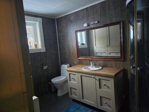 a bathroom with a sink and a toilet and a mirror at Fjellro appartment in Os