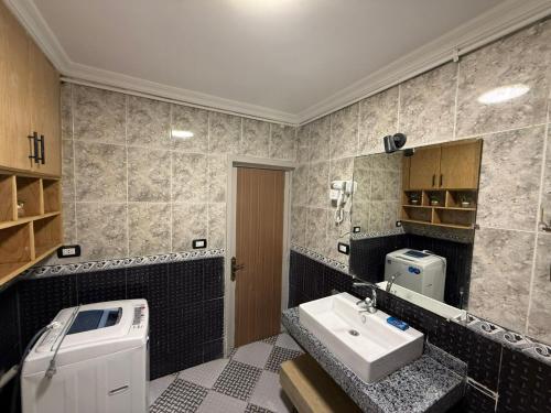 a bathroom with a sink and a washing machine at Gleem Sea View 8 in Alexandria