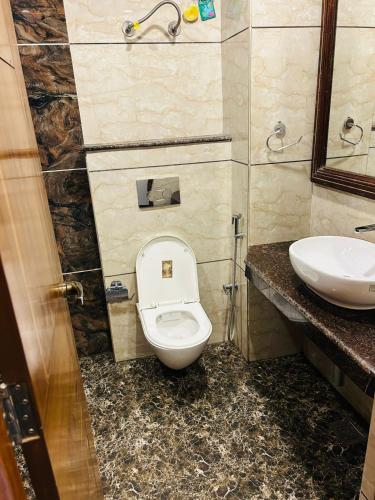 a bathroom with a toilet and a sink at Hotel De Park in Shimla