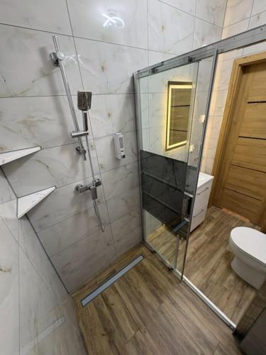 a bathroom with a glass shower with a toilet at Apartamenty w Kotlinie in Lądek-Zdrój