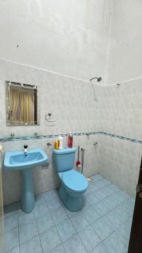 a bathroom with a blue toilet and a sink at Ayu Homestay Kuantan in Beserah