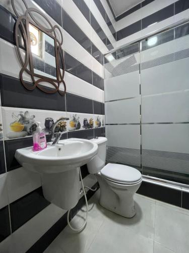 a bathroom with a toilet and a sink at Petra 555 Rooms & Apartment in Wadi Musa