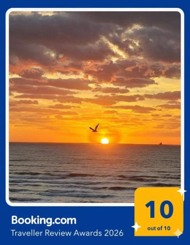 a bird flying over the ocean with a sunset at Promenada Sea View with private parking in Mamaia Sat/Năvodari