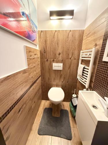 a bathroom with a toilet and a sink at Apartament Zdrój Lądek in Lądek-Zdrój