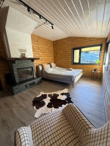 a living room with a couch and a fireplace at Шале 1077 метрів над рівнем моря in Krivopolʼye