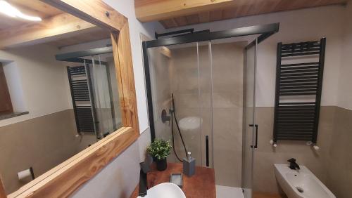 a bathroom with a shower and a toilet and a sink at CAV MES VALLEES La Thuile in La Thuile