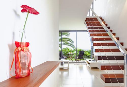 a vase with a red flower sitting on a counter in a room at Quinta Golfinho in Arco da Calheta