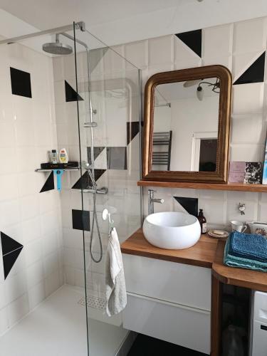 a bathroom with a sink and a glass shower at Chambre et Salle de bain privées avec vue sur jardin dans maison familiale in Montreuil