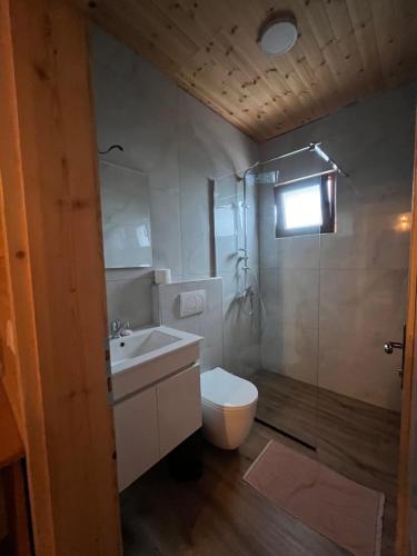 a bathroom with a toilet and a sink and a shower at Villa Argjiro in Draç