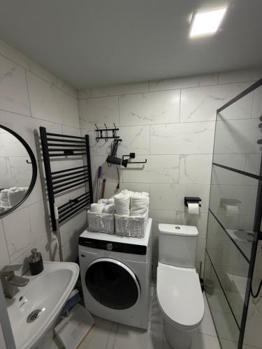 a bathroom with a toilet and a washing machine at Manika Grigoleti in Grigoleti