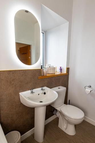 a bathroom with a sink and a toilet and a mirror at Bignold Park View in Orkney