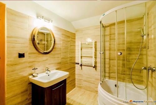 a bathroom with a sink and a shower and a mirror at Pensiunea Vacanta in Lupeni