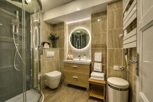 a bathroom with a toilet and a sink and a shower at Au Balcon de la Basilique in Boulogne-sur-Mer