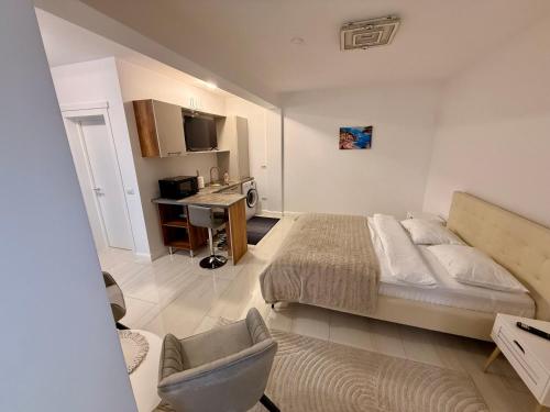 a bedroom with a bed and a desk in it at visitor's house 3 in Rădăuţi