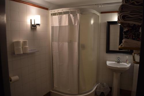 a bathroom with a shower and a sink at Hôtel particulier du marché in Quebec City