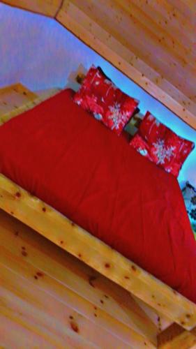 a bed with red pillows on top of it at Căsuța din deal in Tranisu