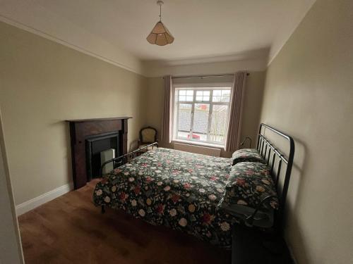 a bedroom with a bed and a fireplace at Cosy Townhouse 2bedroom in Enniscorthy