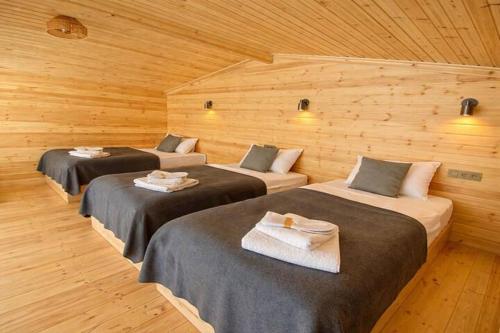 a room with three beds in a wooden cabin at Gudauri Deka Alpine Cottages in Gudauri