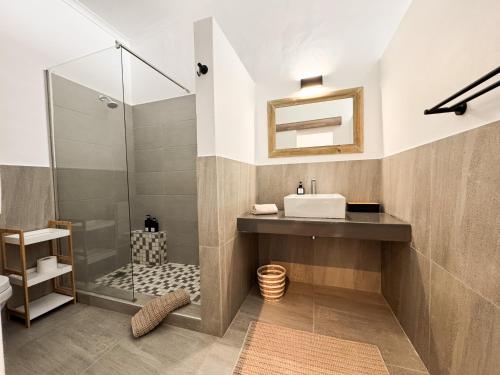 a bathroom with a sink and a shower at House Sworyx in Walvis Bay