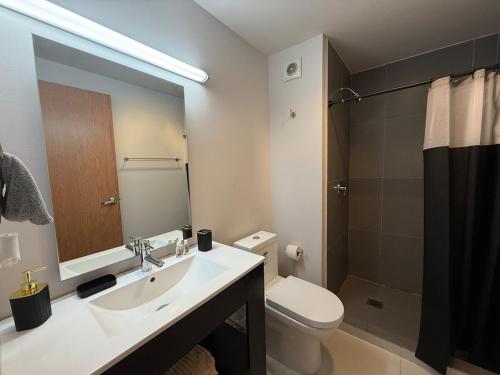 a bathroom with a sink and a toilet and a shower at Apartment with pool on Paseo Santa Lucia in Monterrey
