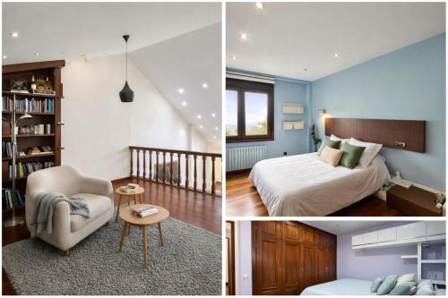 three pictures of a bedroom with a bed and a chair at Villa Lestedo in Lestedo
