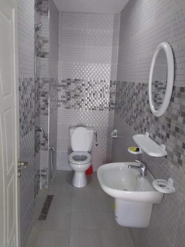 a bathroom with a toilet and a sink and a mirror at CHEZ ALAA Kelibia in Kelibia