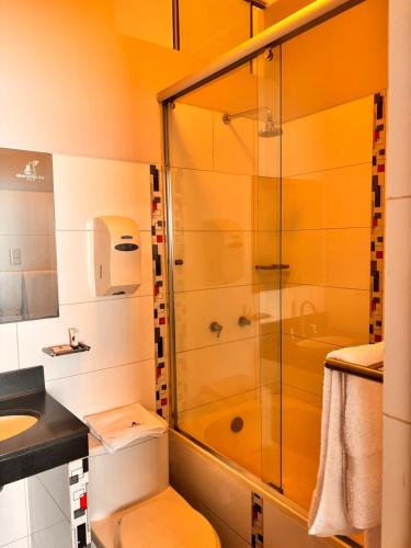 a bathroom with a shower and a toilet and a sink at Gran Hotel Ica in Ica