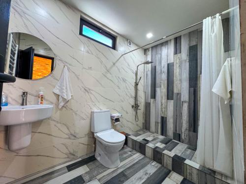 a bathroom with a toilet and a sink and a shower at Home N 57 in Dilijan