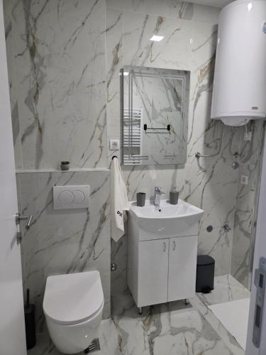 a white bathroom with a toilet and a sink at PANTEX Centar Zlatibor in Zlatibor