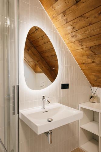 a bathroom with a sink and a mirror at Neobyčejný Sklep in Pavlov
