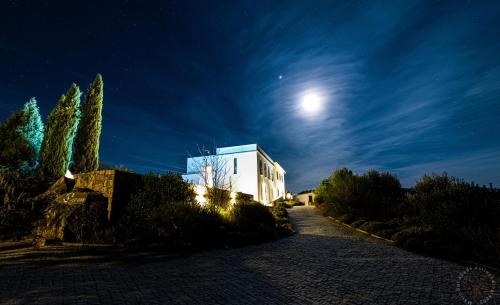 a building at night with the moon in the sky at Quinta das Lavandas in Castelo de Vide
